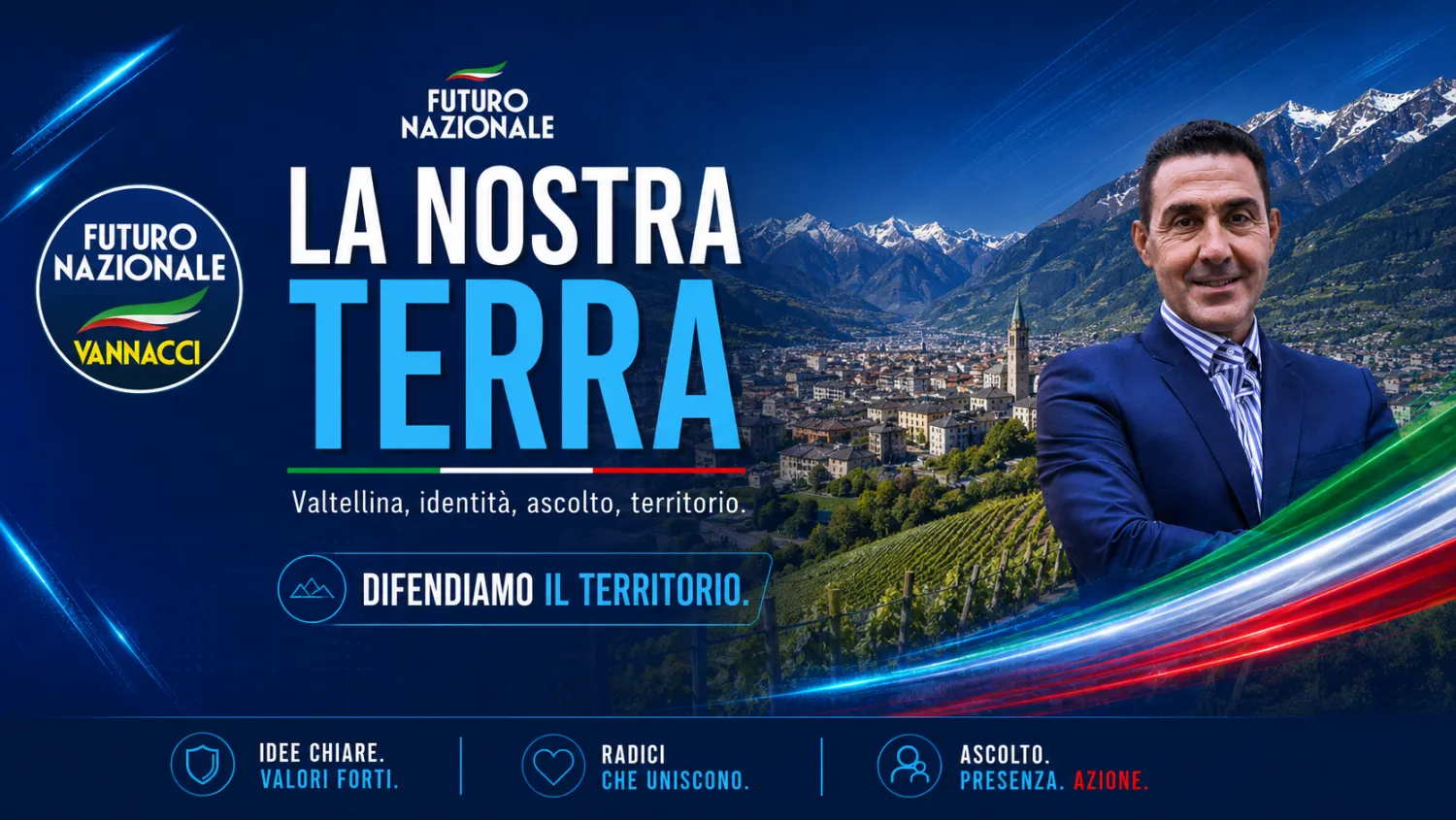 Visual La nostra terra con Roberto Vannacci e panorama valtellinese